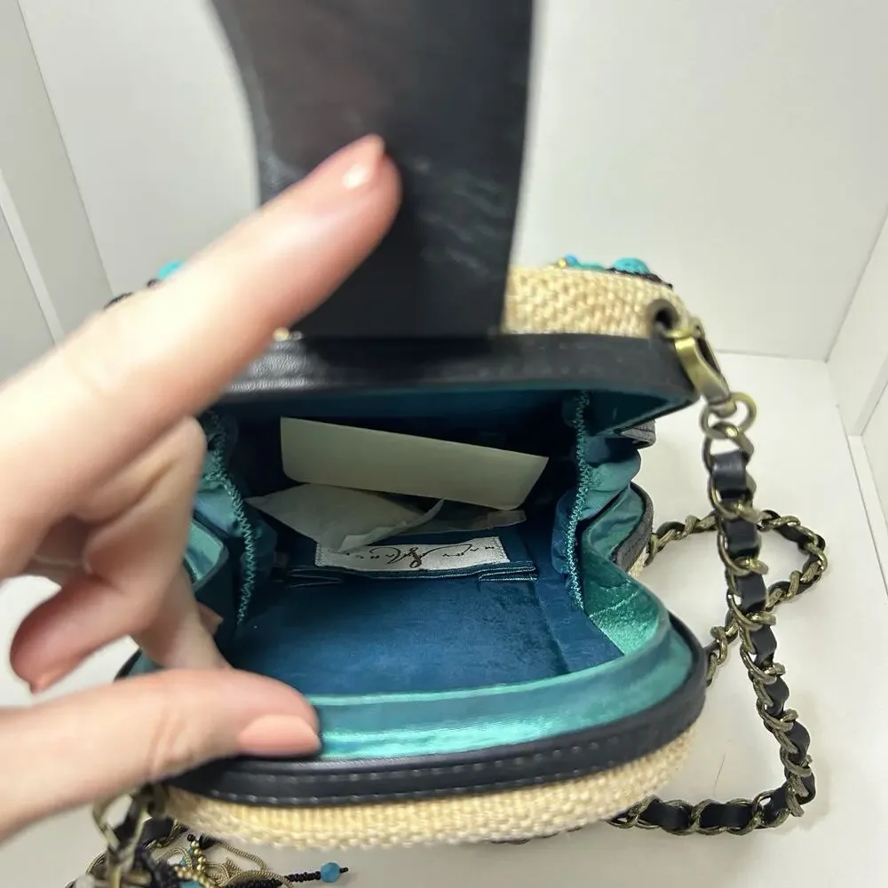 Mary Frances Unplugged Cream Woven and NWT Turquoise Beaded Guitar Bag *RARE - Picture 15 of 16